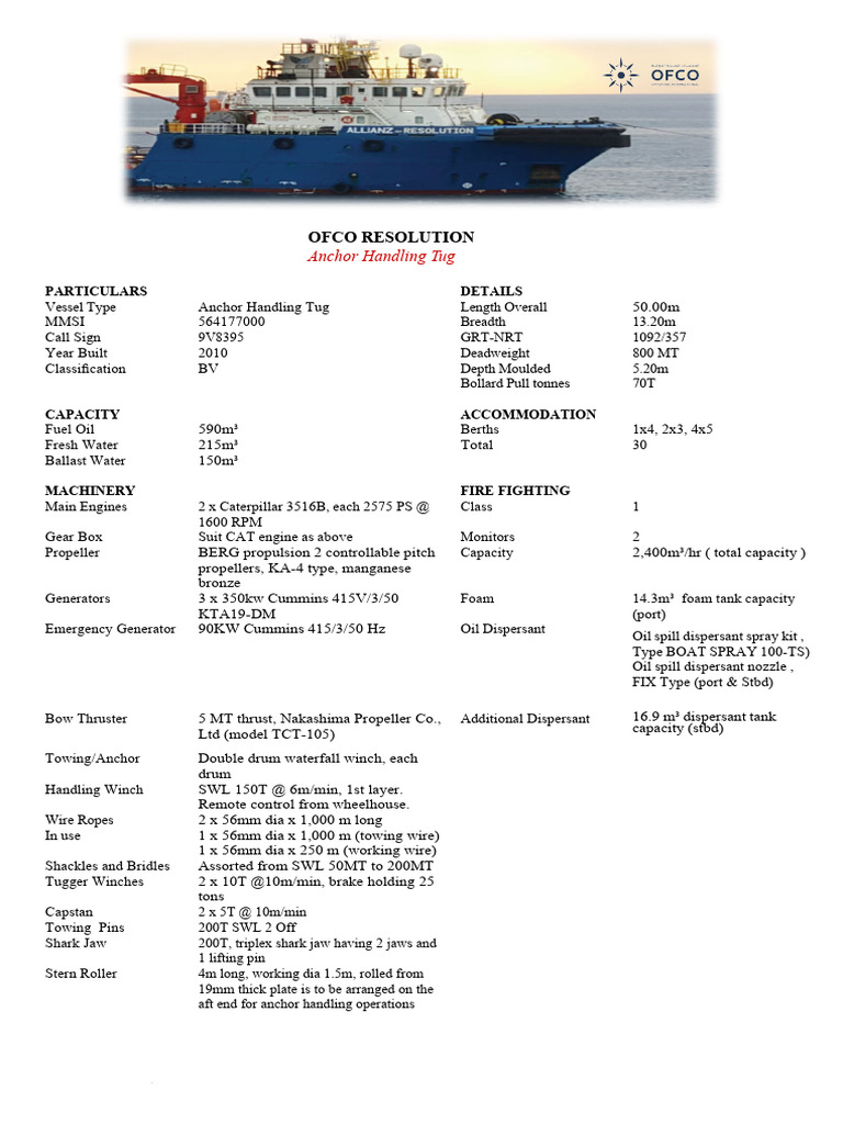 OFCO Resolution Vessel Specifications | PDF | Tugboat | Anchor