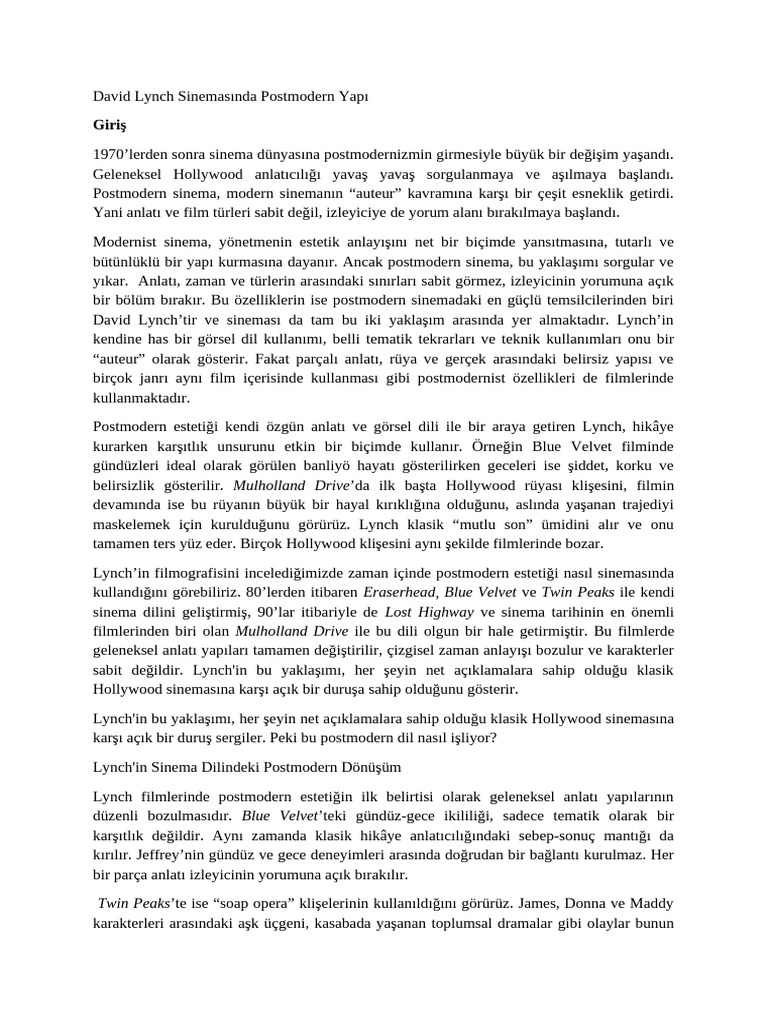 David Lynch Postmodernizm Word | PDF
