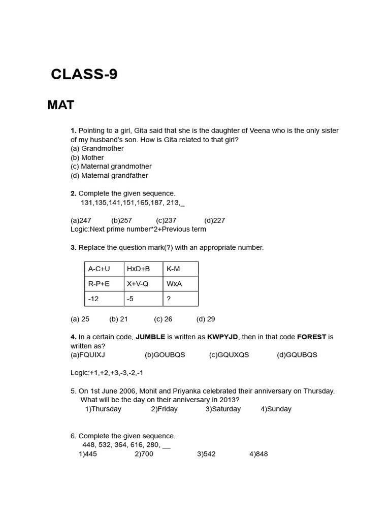 Class 9 Math and Logic Questions | PDF | Reproduction | Friction