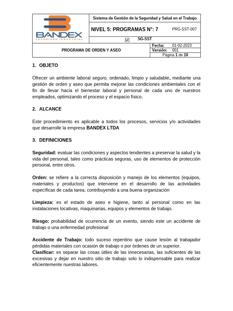 PRG-SST-007 Programa de Orden y Aseo BANDEX | PDF | Seguridad y salud ...