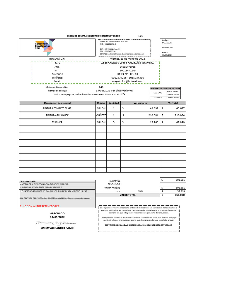 Orden de Compra Materiales de Construcción | PDF