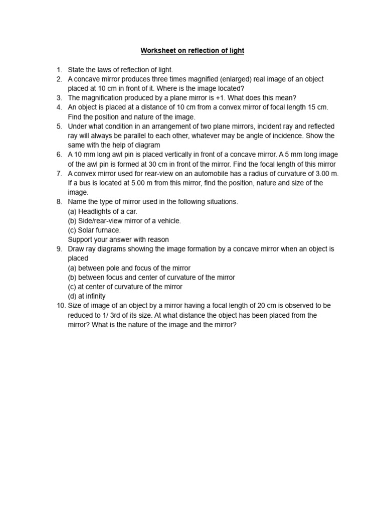 Reflection of Light Worksheet | PDF