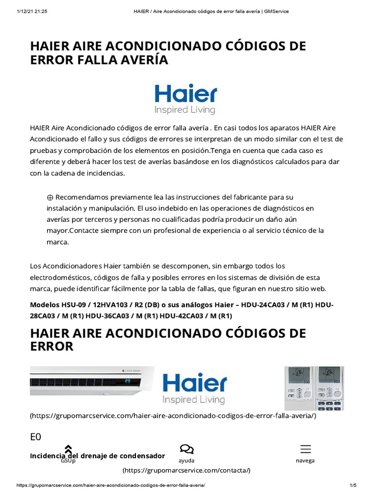 Códigos de error Aire Acondicionado Haier | PDF | Aire acondicionado ...