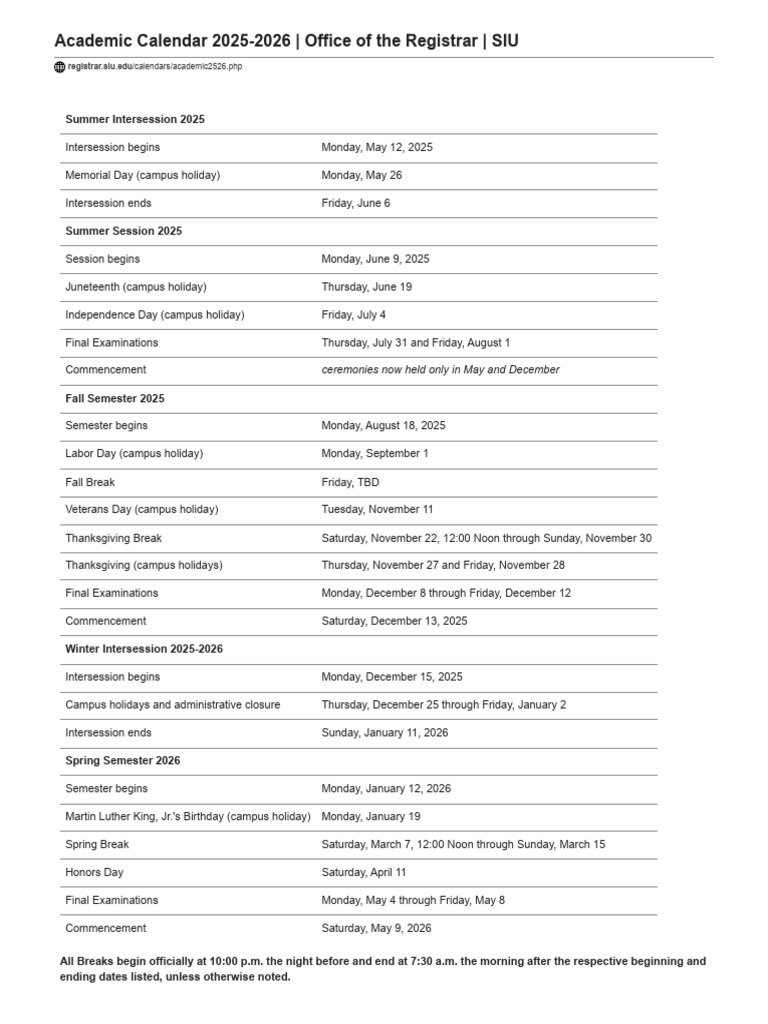 SIU Academic Calendar 2025-2026 | PDF | Academic Term | Observances