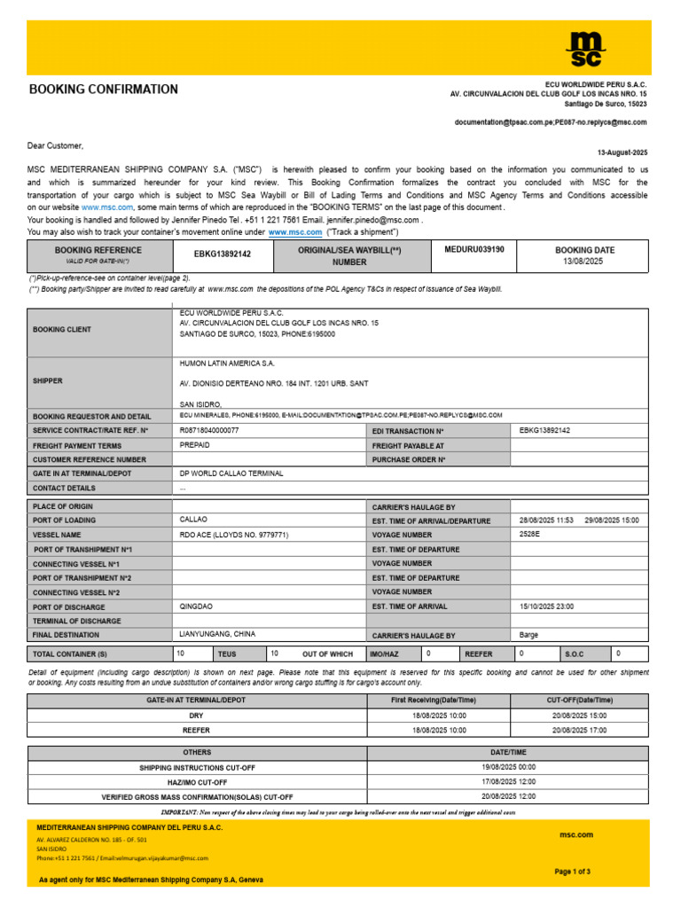 MSC Booking Confirmation Details | PDF | Cargo | Bill Of Lading