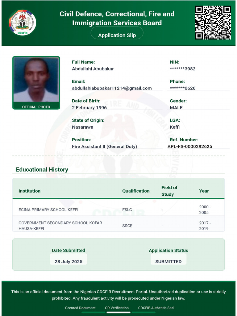 Abdullahi Abubakar Application Slip | PDF