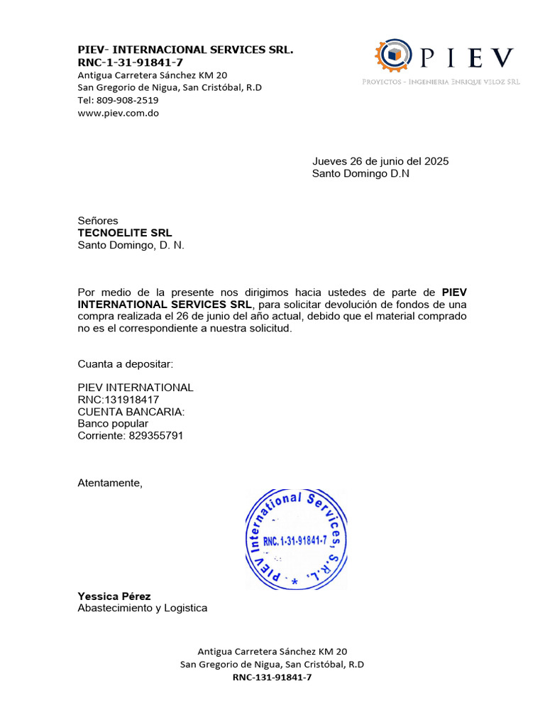 Solicitud de Devolución de Fondos PIEV | PDF