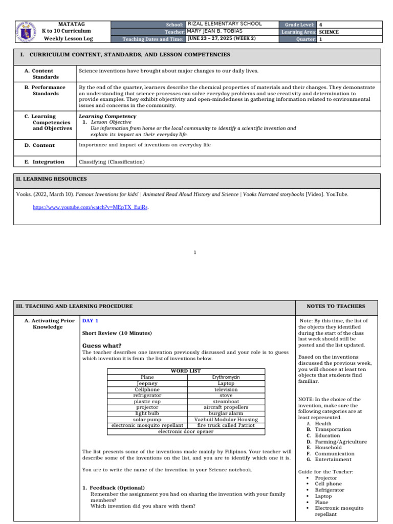 Grade 4 Science Weekly Lesson Plan | PDF | Learning | Science