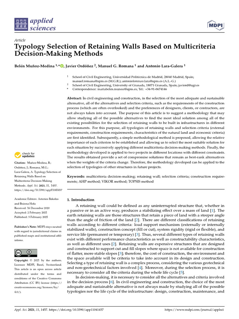 Typology Selection of Retaining Walls Based On Multicriteria Decision ...