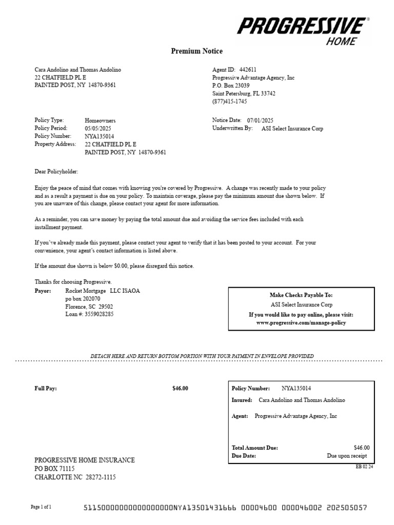 Homeowners Premium Payment Notice | PDF | Insurance | Home Insurance