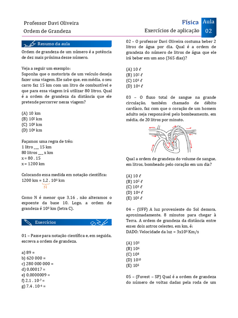 Exercícios sobre Ordem de Grandeza | PDF