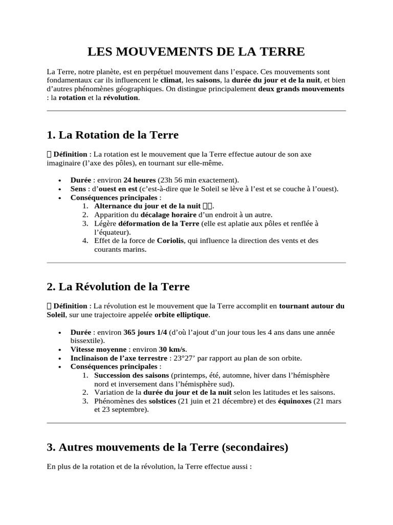 Mouvements de la Terre et leurs impacts | PDF | Terre | Sciences ...