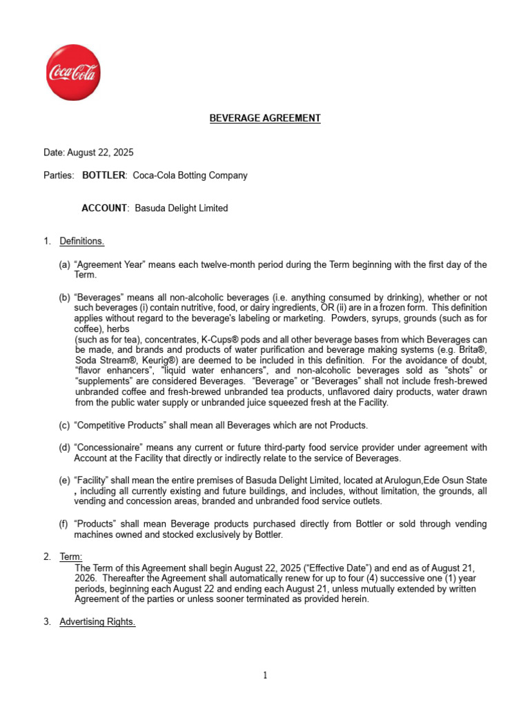 Coca Cola Contract For Basuda 2025 | PDF | Drink | Coca Cola