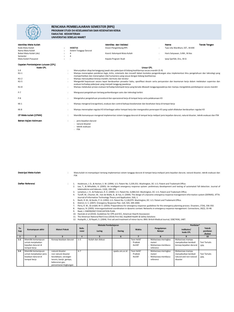 RPS Sistem Tanggap Darurat K3 D4 UNS | PDF