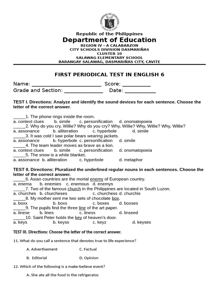 First Periodical Test for English 6 | PDF | Linguistics
