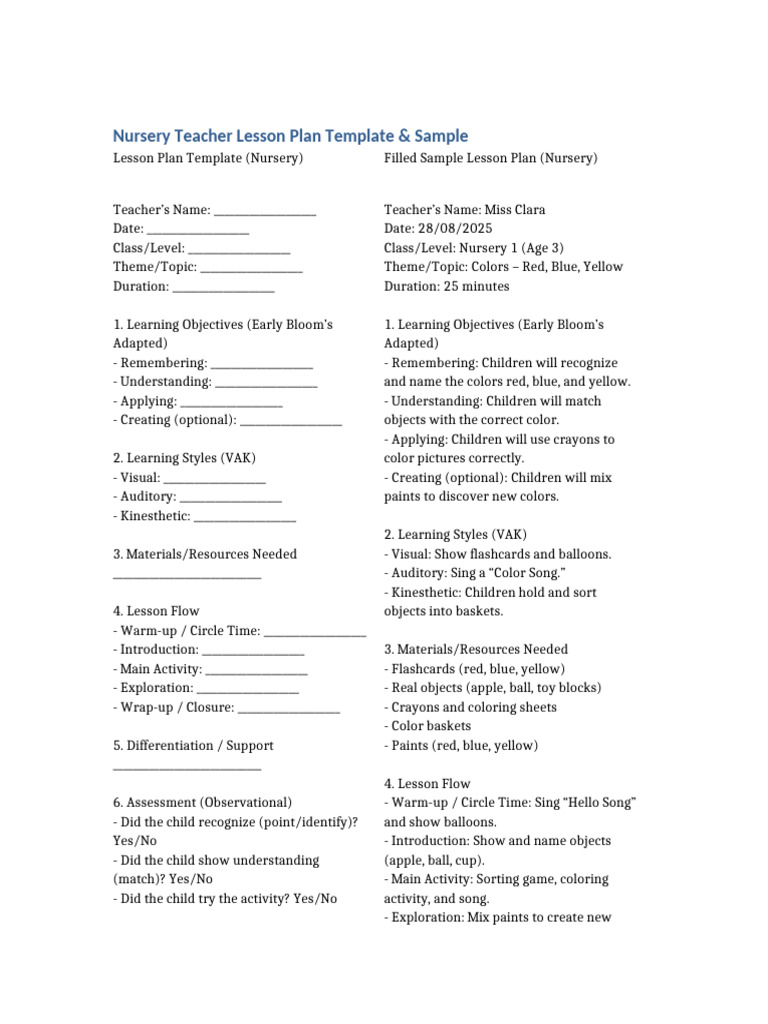 Nursery Lesson Plan: Colors Theme | PDF | Lesson Plan | Learning Styles