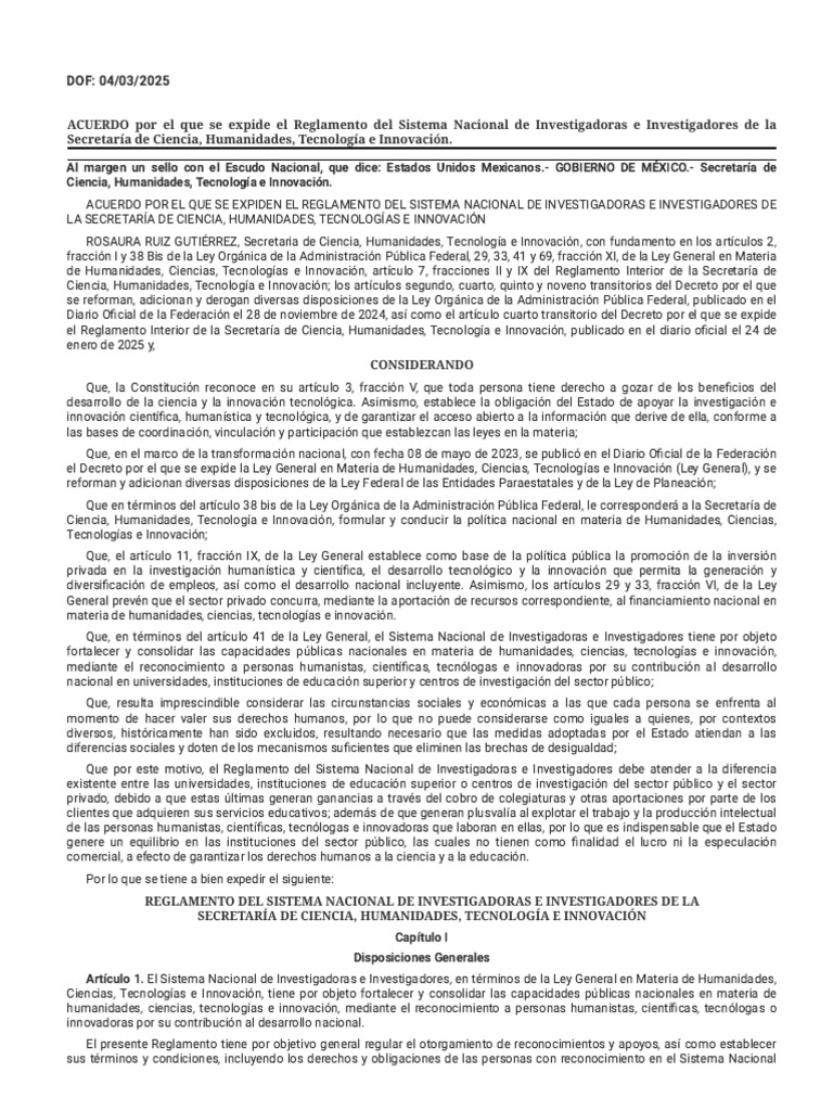 DOF-Reglamento Del Sistema Nacional de Investigadoras e Investigadores ...