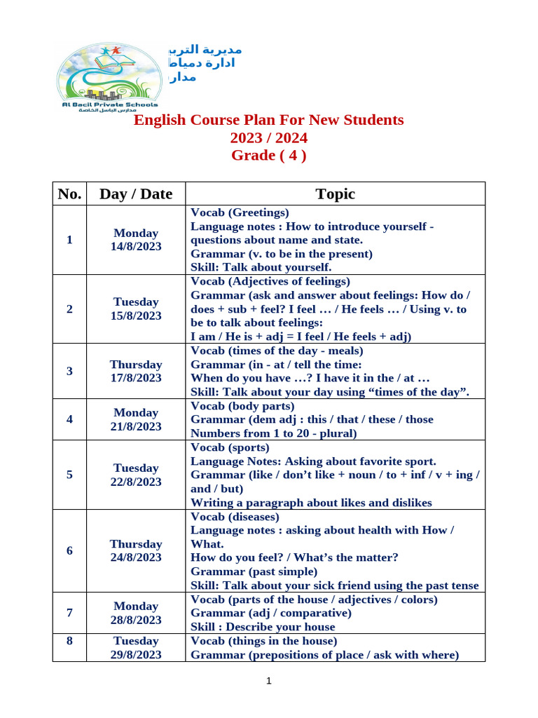 English Course Plan for Grade 4 | PDF | Adjective | Language Families