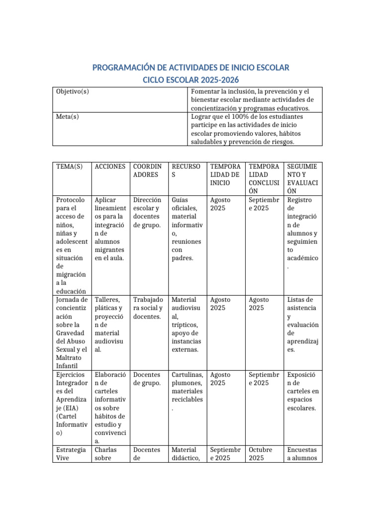 Programacion Actividades Inicio Escolar | PDF | Aprendizaje
