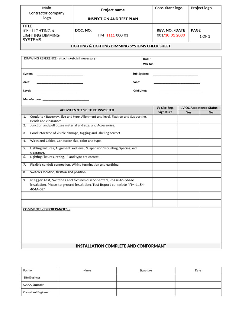 Lighting Inspection Test Plan | PDF | Electrical Wiring | Manufactured ...
