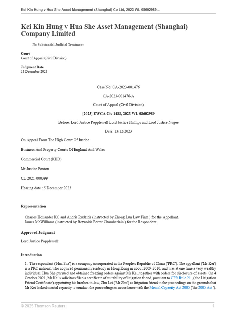 Kei Kin Hung v Hua She Asset Management Case Summary | PDF | Judgment ...