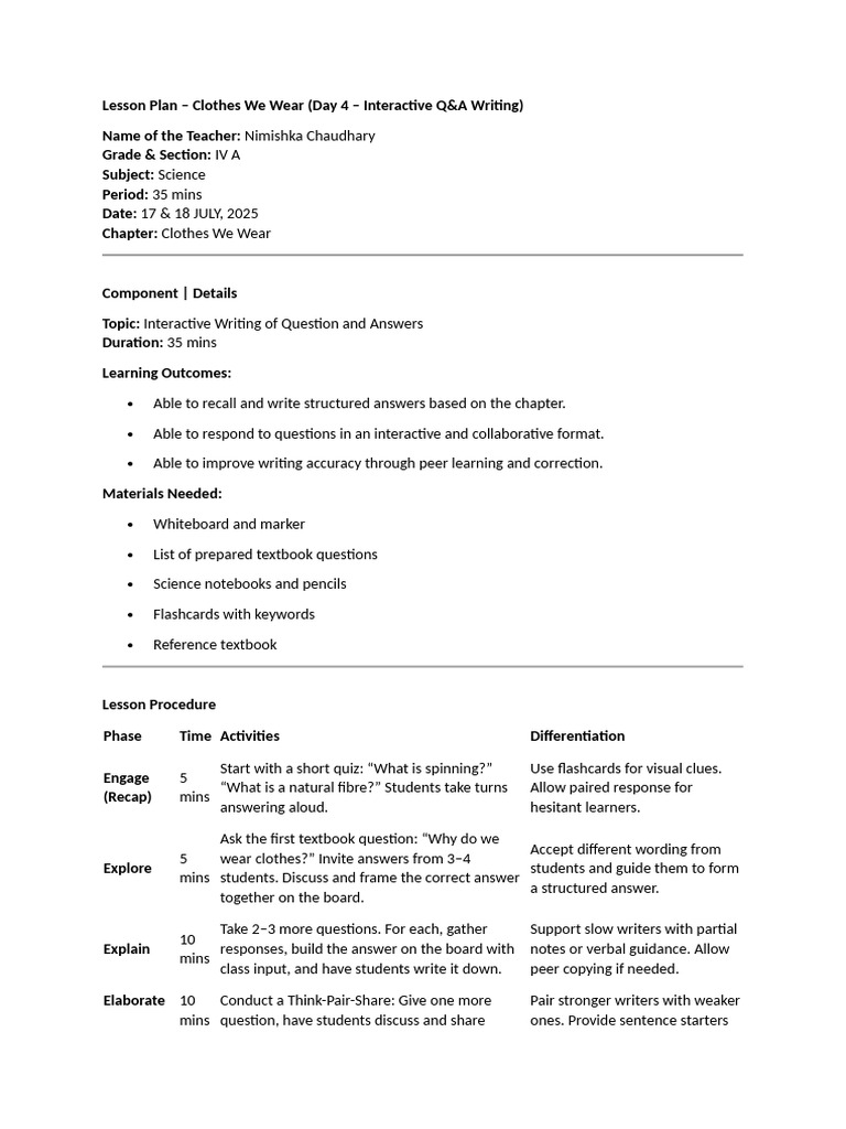 Interactive Q&A Lesson Plan on Clothing | PDF | Teaching | Pedagogy