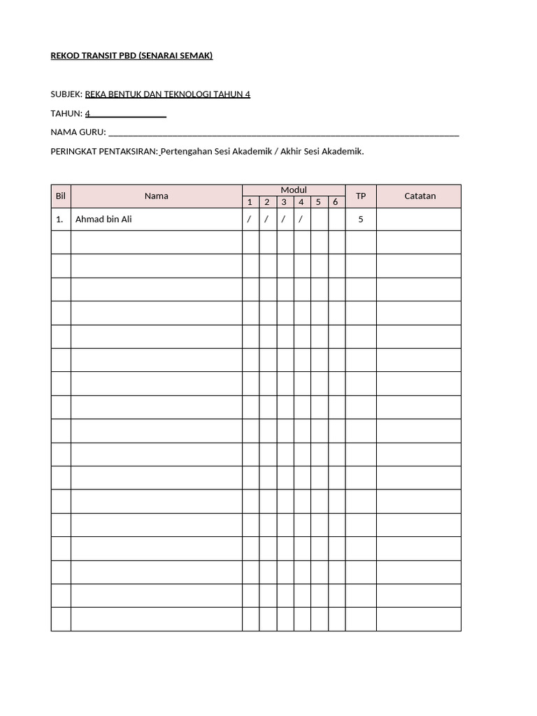 Rekod Transit PBD RBT THN 4 (Senarai Semak) | PDF