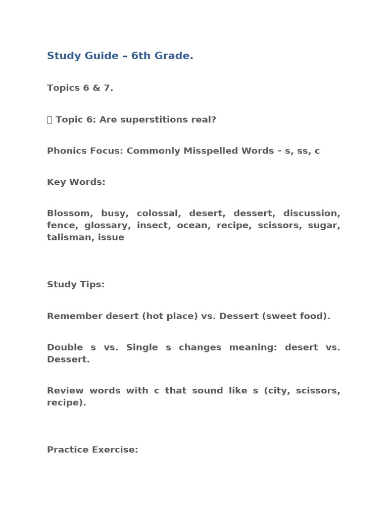 6th Grade Study Guide: Topics 6 & 7 | PDF