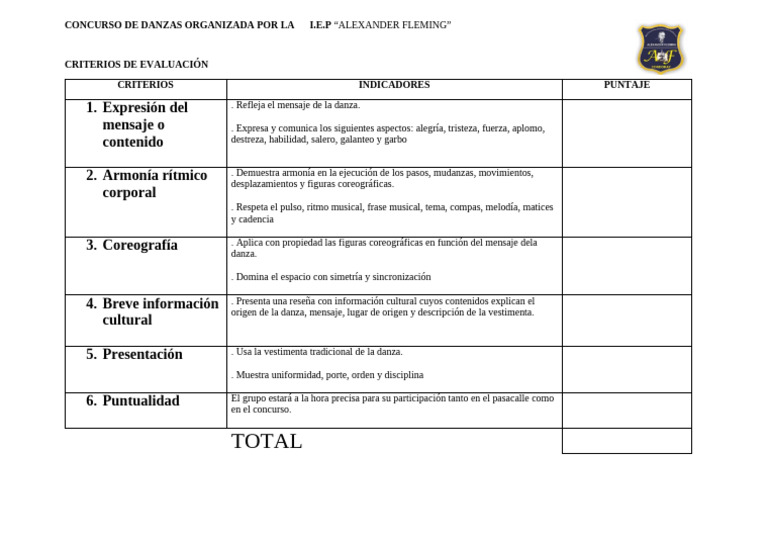 Criterios de Evaluación para Concurso de Danzas | PDF