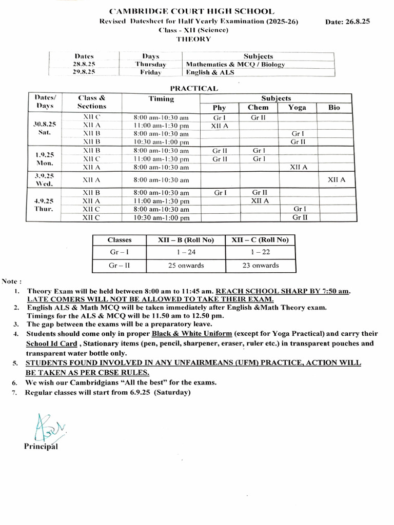 Revised Half Yearly Exam Dates 2025-26 | PDF | Qualifications ...