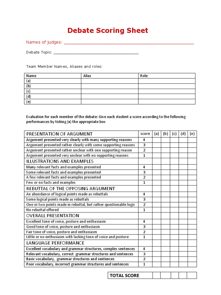 Debate Scoring Sheet