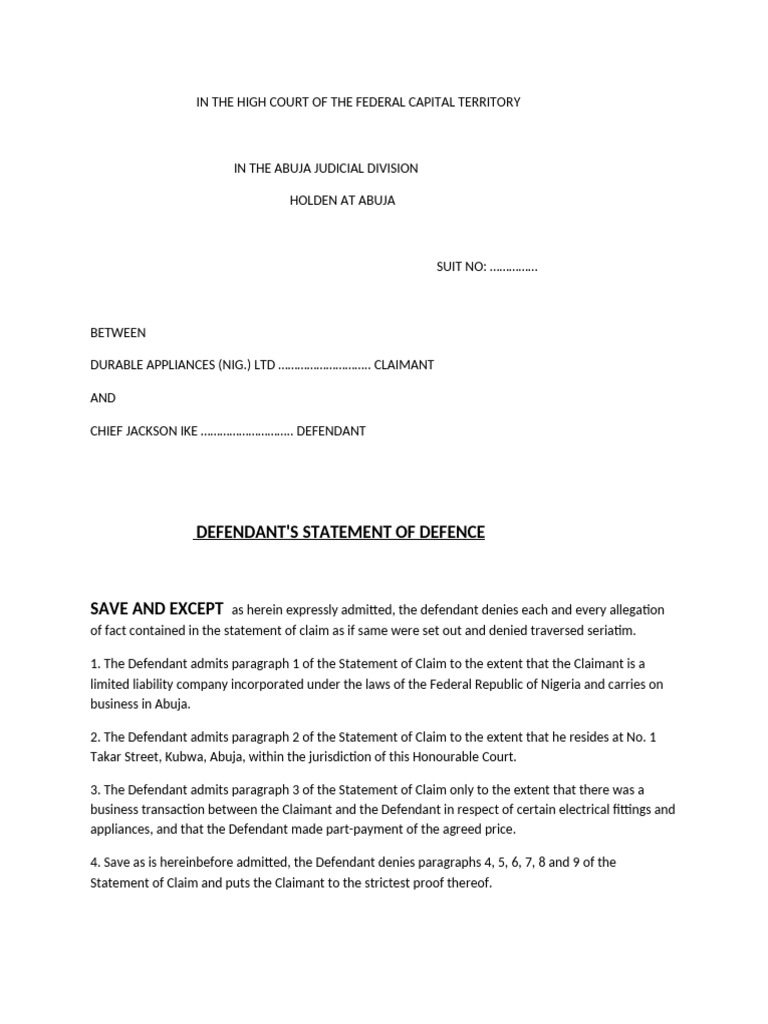 Defendant's Statement of Defence in Nigeria | PDF | Justice | Crime ...
