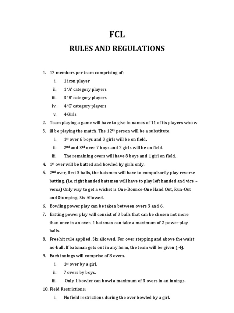 FCL Rules and Regulations PDF Bowling (Cricket) Cricket Skills