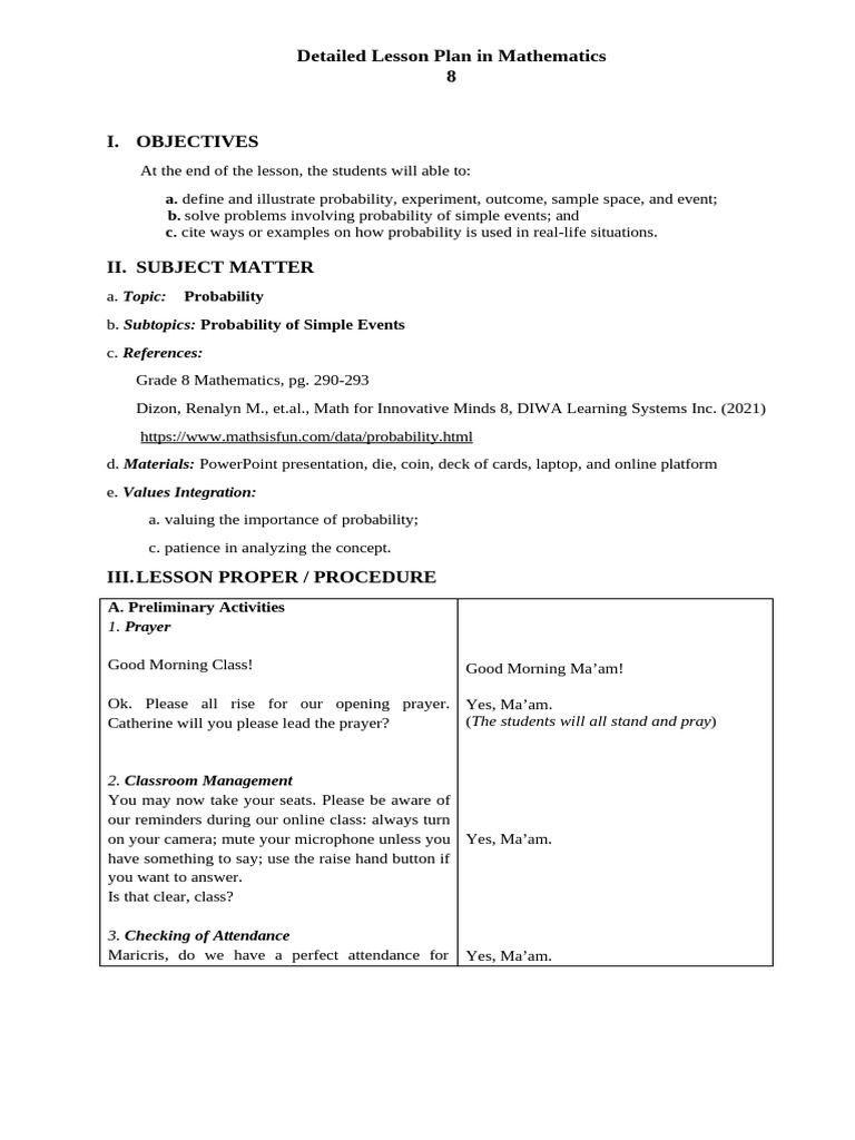 Grade 8 Probability Lesson Plan | PDF | Probability | Numbers