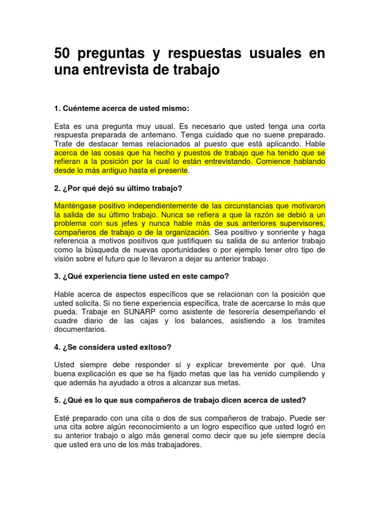 50 Preguntas y Respuestas Usuales en Una Entrevista de