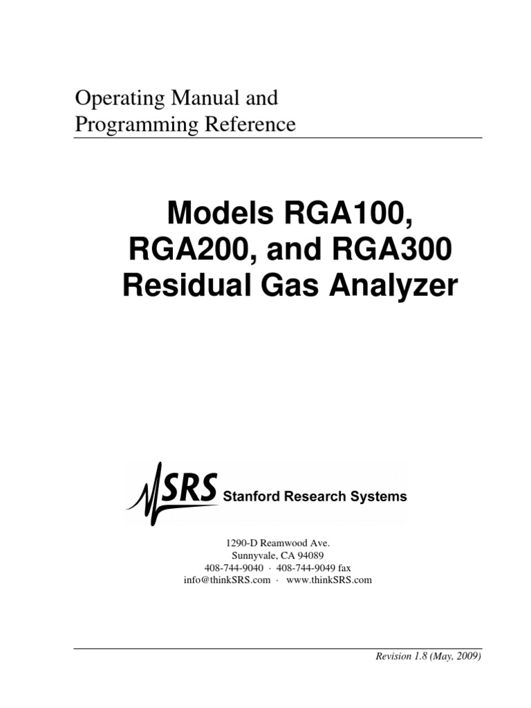 Stanford Research Systems Residual Gas Analyzer Mass Spectrometer (SRS RGA) Manual PDF