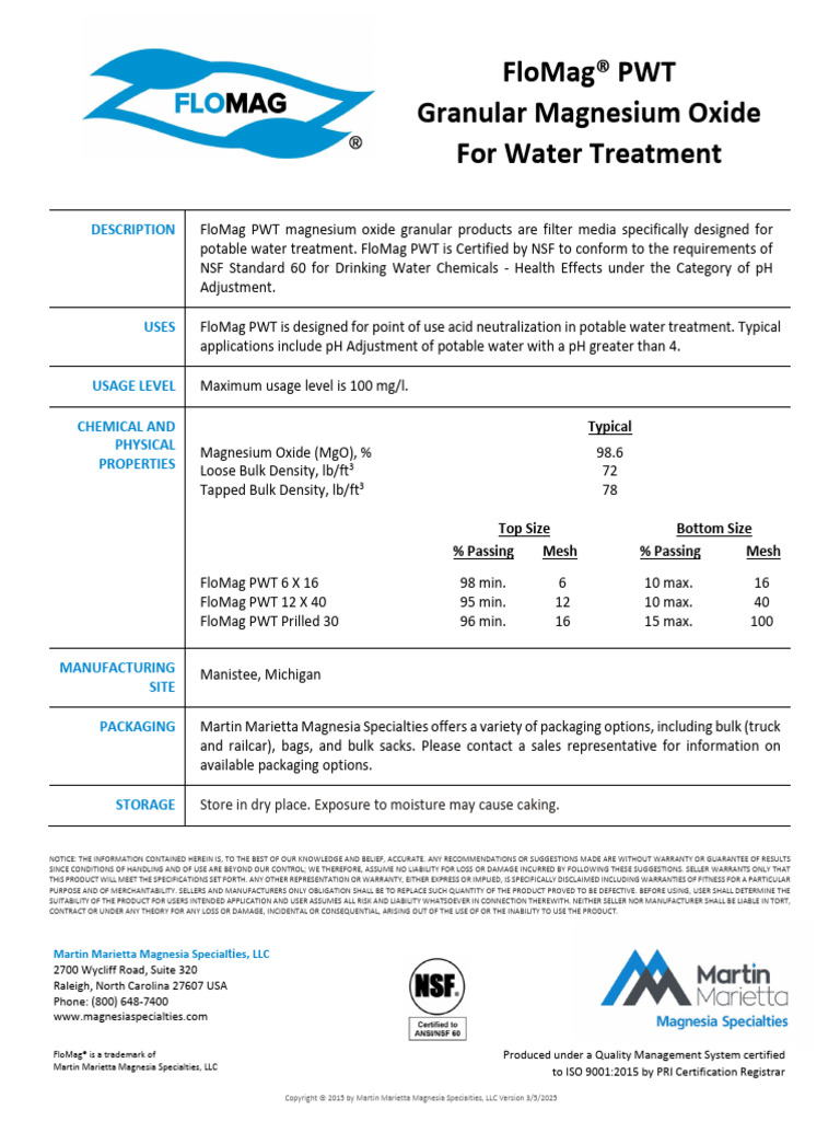 FloMag® PWT Magnesium Oxide Overview | PDF | Drinking Water