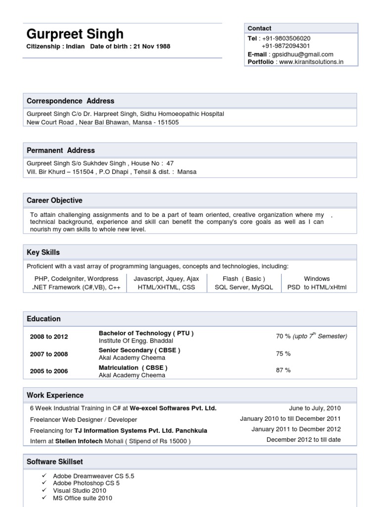 Gurpreet Singh - Indian Web Developer Resume | PDF | Internet | Software