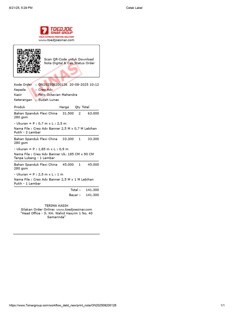 Nota Pembayaran Lunas Creo Adv | PDF