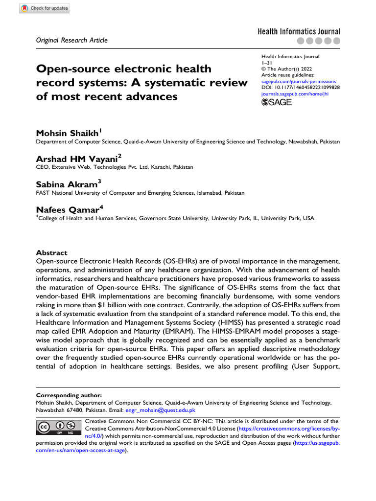 Shaikh Et Al 2022 Open Source Electronic Health Record Systems a ...