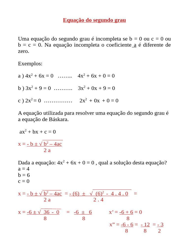 Equações do Segundo Grau Incompletas | PDF