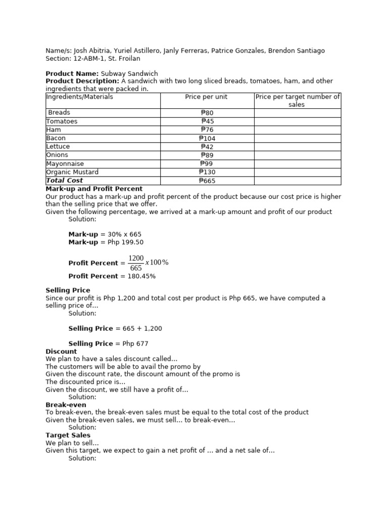 Subway Sandwich Pricing and Profit Analysis | PDF