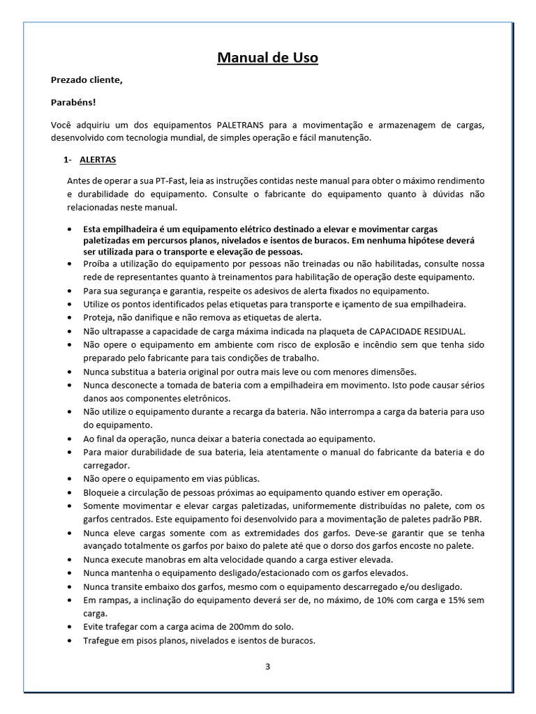 Manual de Operação da Empilhadeira PT-Fast | PDF | Empilhadeira ...
