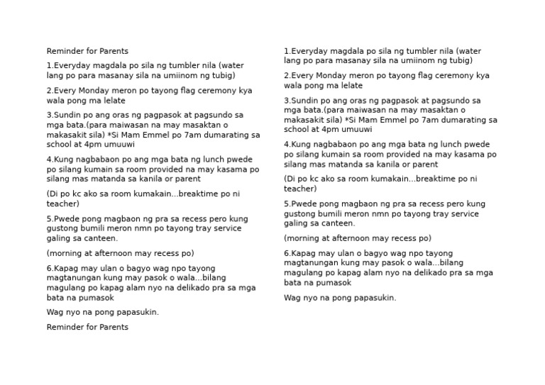 Reminder For Parents | PDF