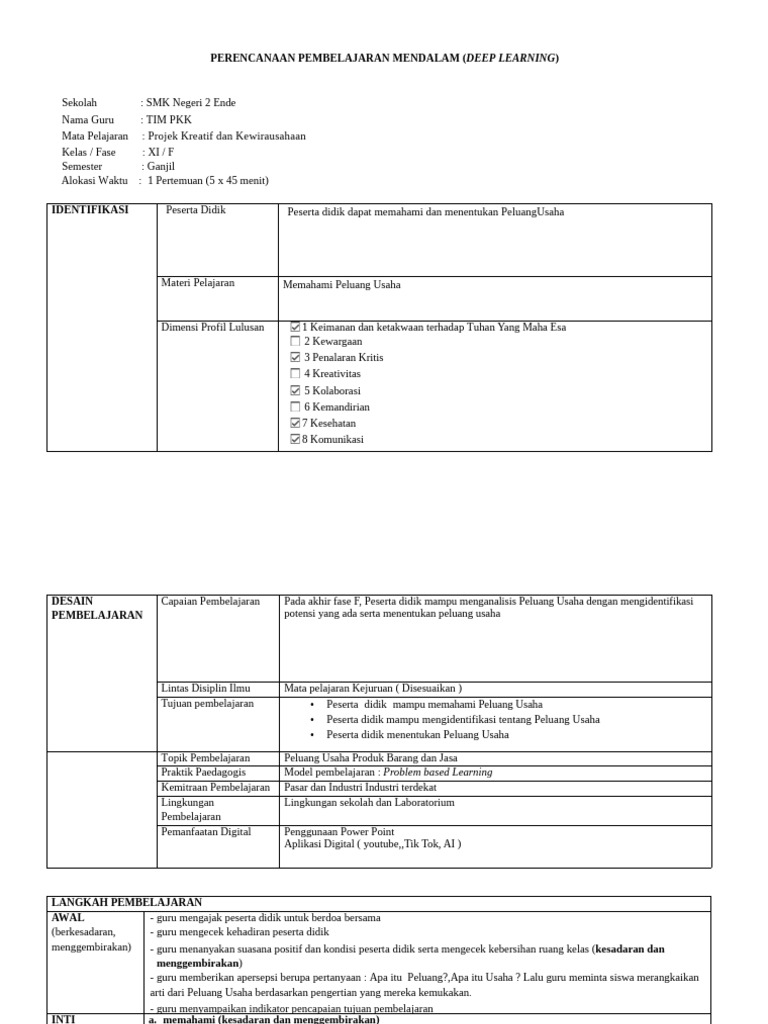 RPP Deep Learning PKK Kelas XI SMK | PDF