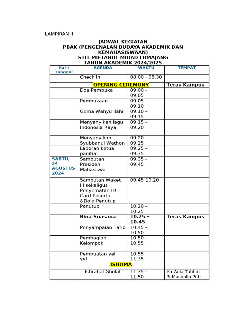Jadwal PBAK STIT Miftahul Midad 2024 | PDF