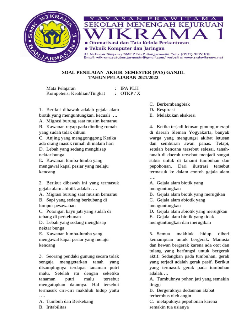 Soal PAS IPA PLH Kelas X Ganjil 2021/2022 | PDF