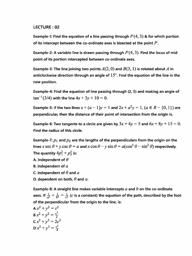 Straight Line Class Notes Question | PDF