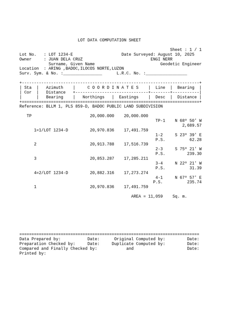 Lot 1234-E Survey Data Sheet | PDF