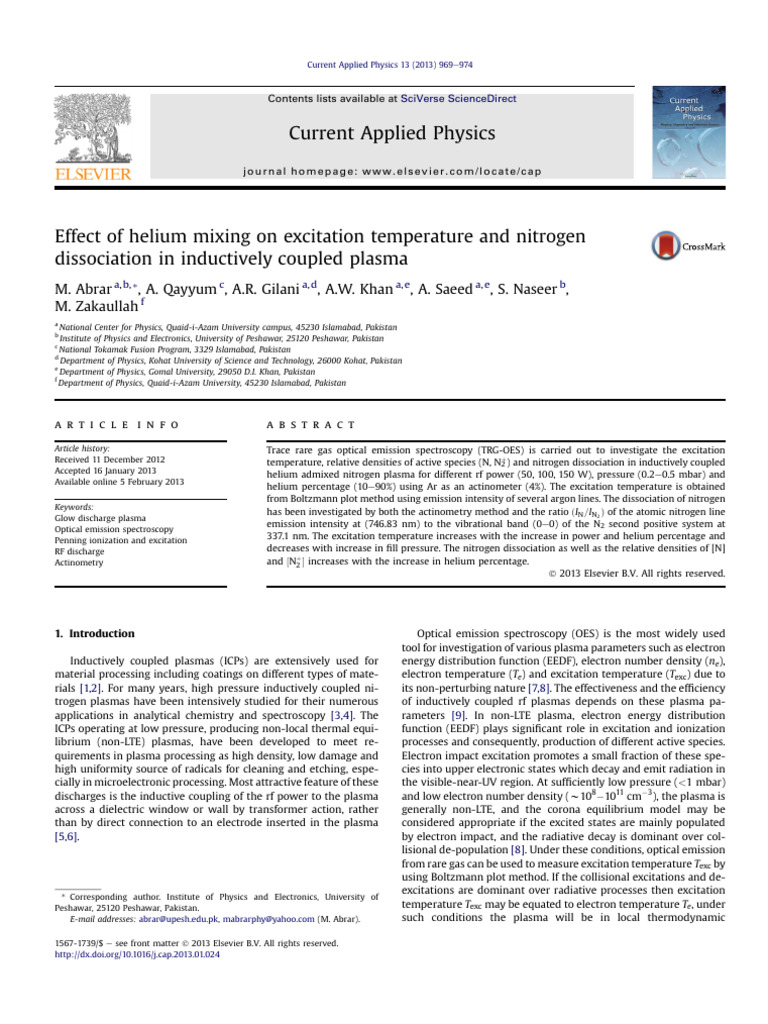 Helium Mixing Effects on Plasma Excitation | PDF | Electron | Helium